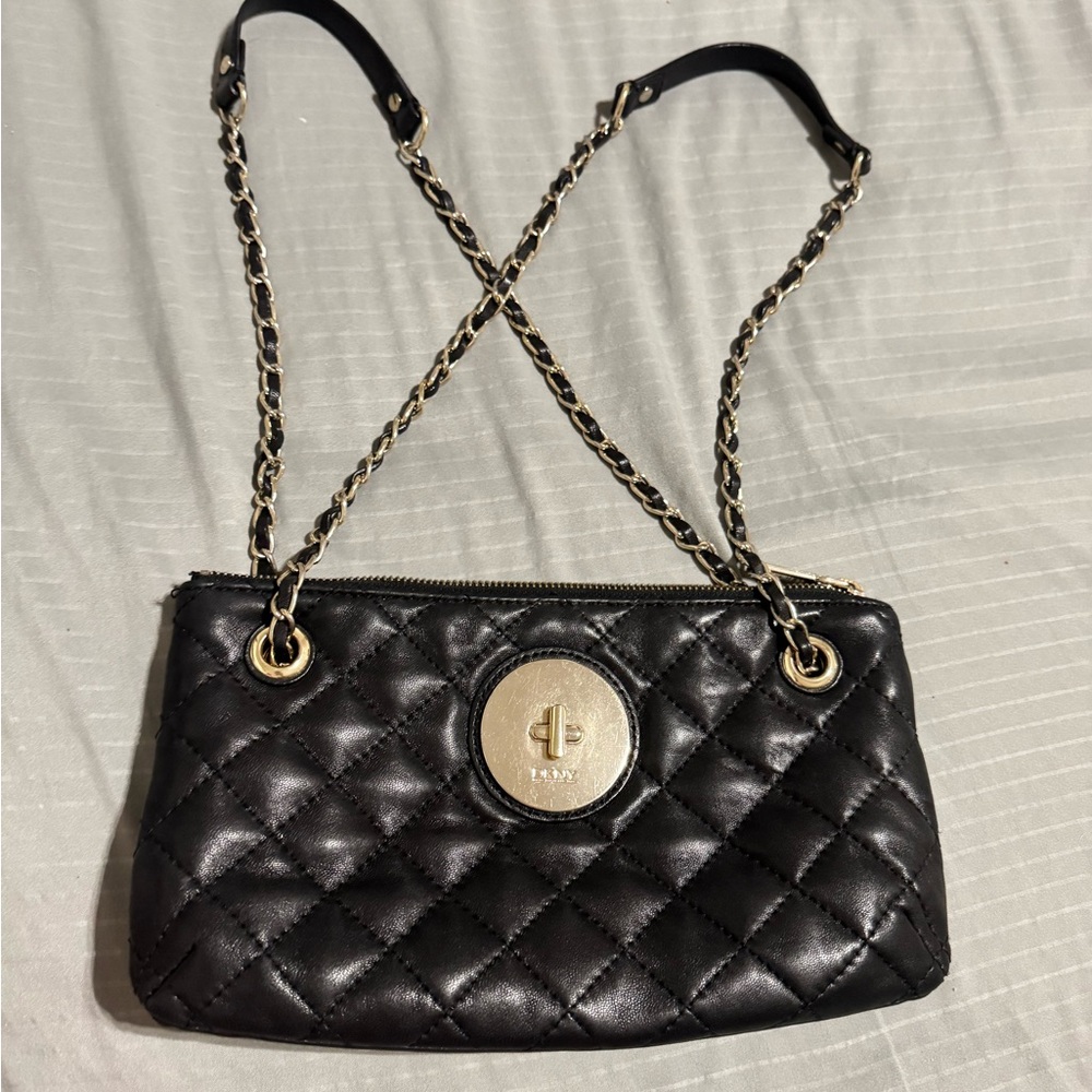 DKNY Black Quilted Shoulder Bag with Gold Chain